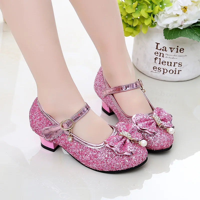 AINYFU Girls High Heel Leather Shoes Children Glitter Bowtie Dance Shoes Student Crystal Pink Silver Sandals Single Shoes H43