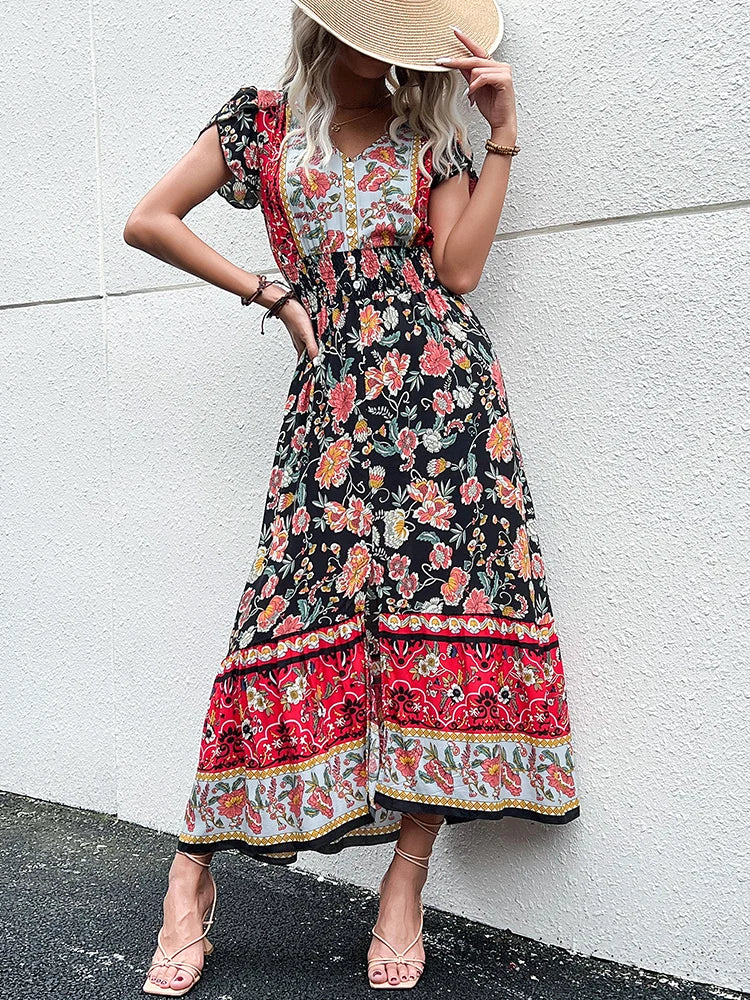 JIM & NORA Vintage Floral Boho Printed Vestidos Women Short Sleeves V Neck Slit Midi Dresses A Line Bohemian Summer Beach Dress