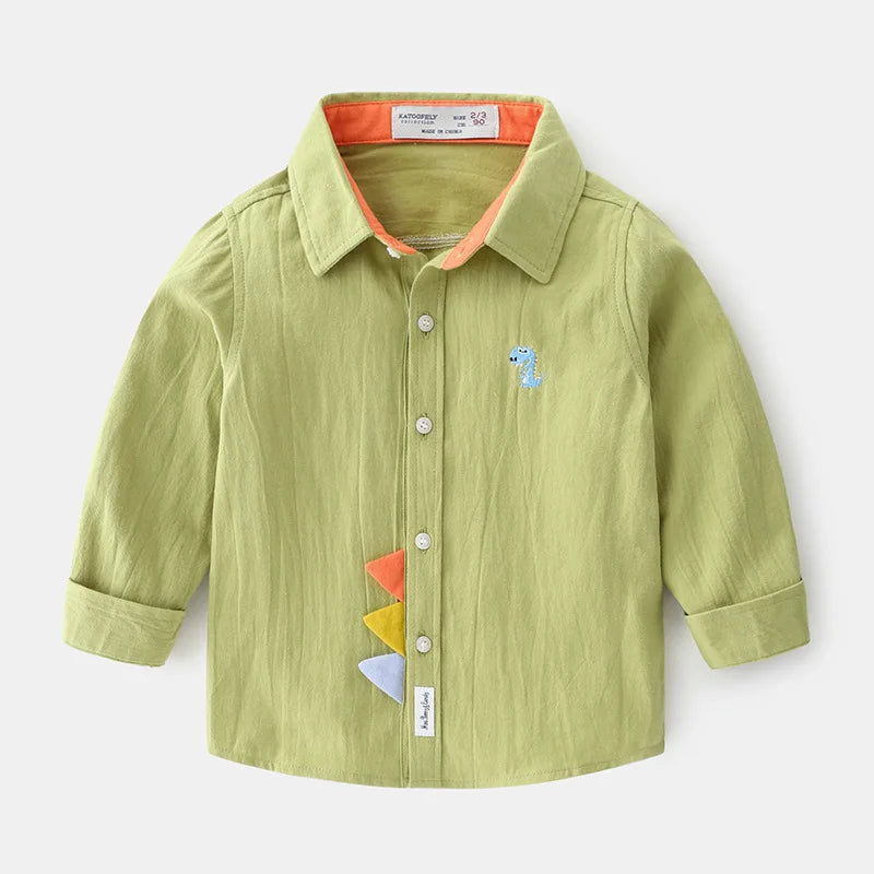 2025 Spring Autumn Boys Long Sleeve Blouses & Shirts Kids Korean Version Cotton Cartoon Dinosaurs Printing Lapel Tops 2-7Years