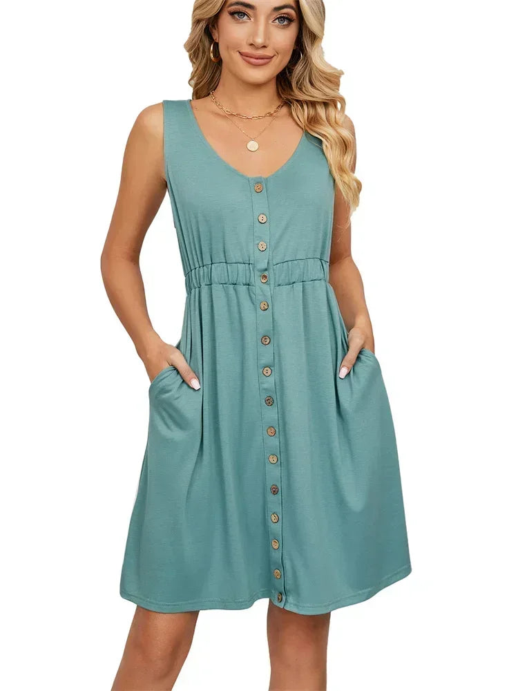 Vintage Elegant Summer Casual A-Line Womens Pullover Loose Pocket Dress Chic O-Neck Solid Sleeveless Long Dresses For Women