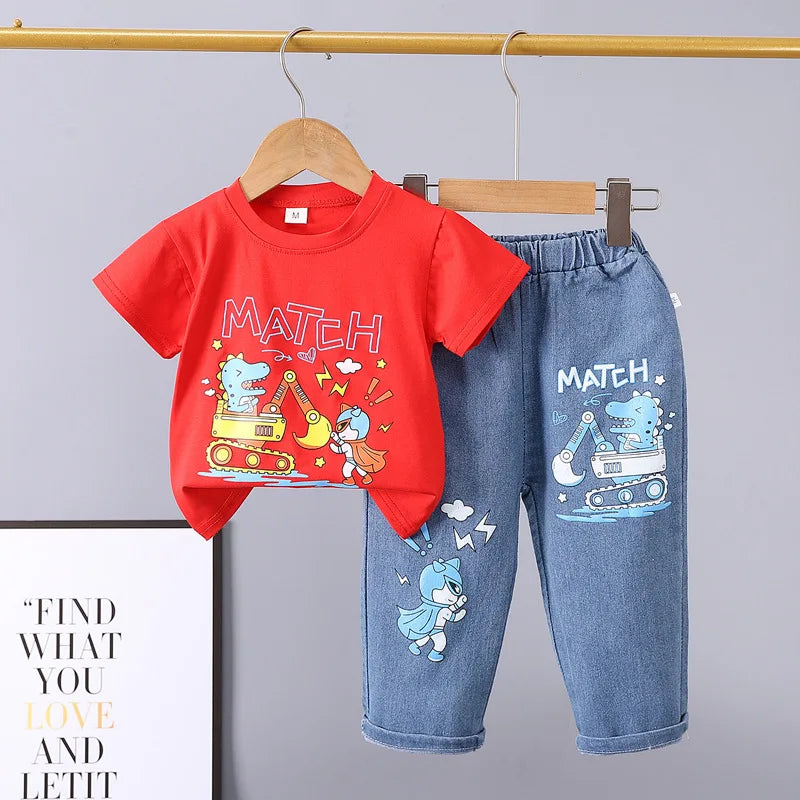 2025 New Children's Set boys Summer Cartoon Printed Short Sleeve+Cowboy Pants Infant Fashion Set 0-4 Years Old