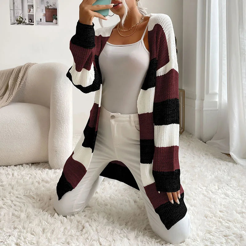 Women Long Sleeve Patchwork Soild Colour Long Knit Coat Sweater Cardigan Loose Autumn Outdoor Warm Cardigans Casual