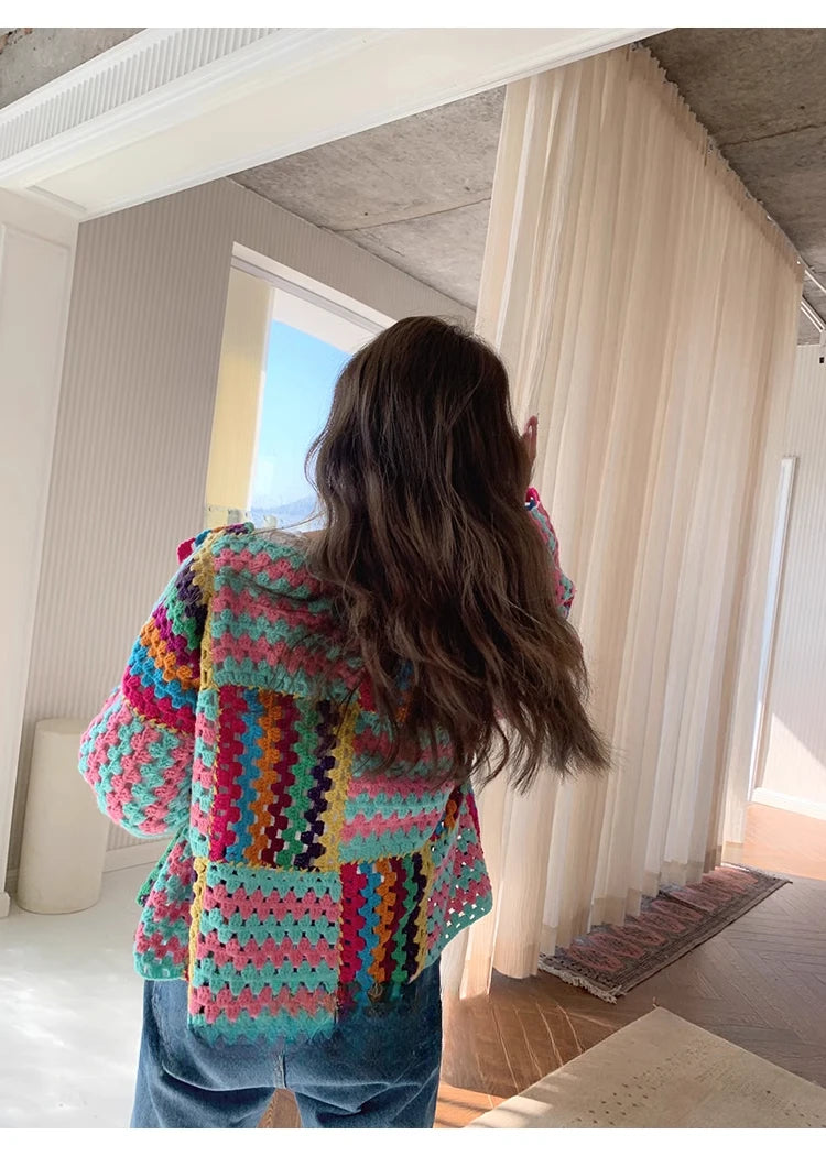 Colorful Knit Stitch Hollow Out Cardigan Oversize Women Crochet Tops