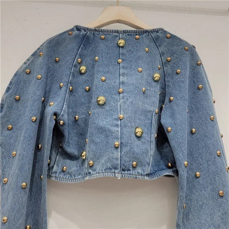 Spring Autumn Women Rivets Long Lantern Sleeve Denim Coat Short Pearls Beading Jeans Bomber Jacket Cowboy Cardigan Tops