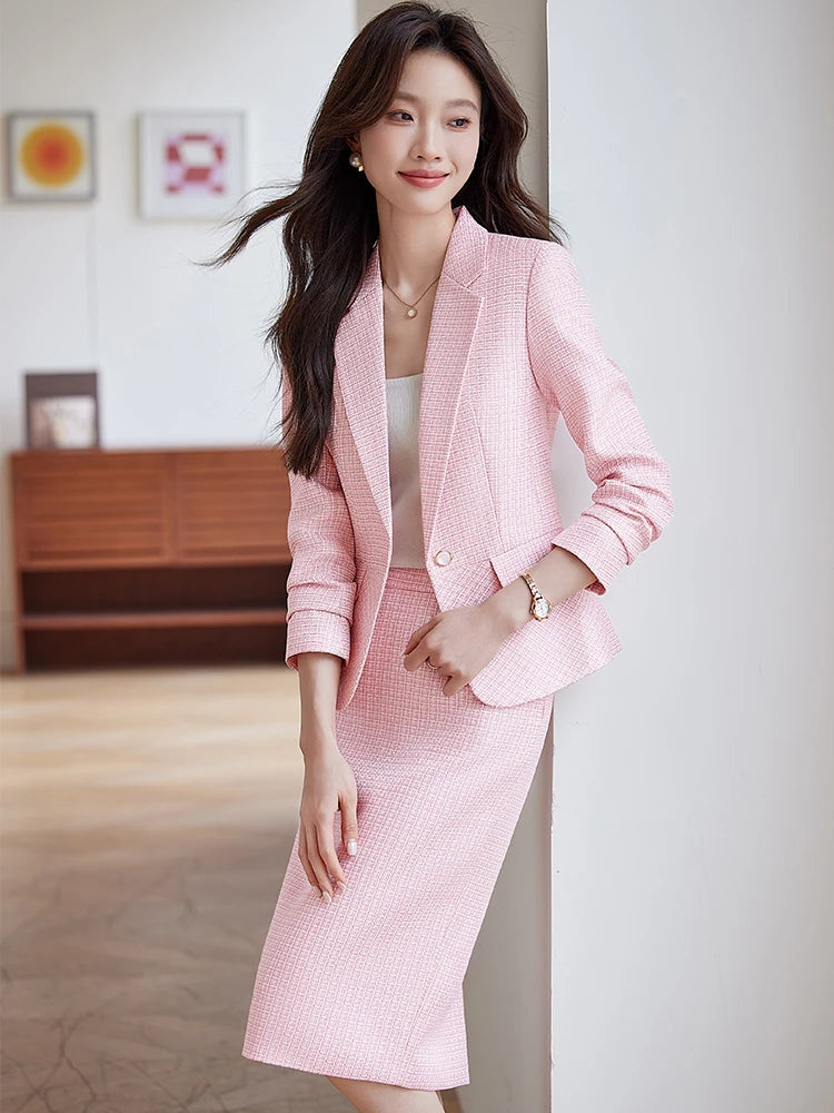 Fashion Women Formal Blazer Skirt Suit Ladies Apricot Pink Blue Female Two Piece Set For Spring Autumn Winter 