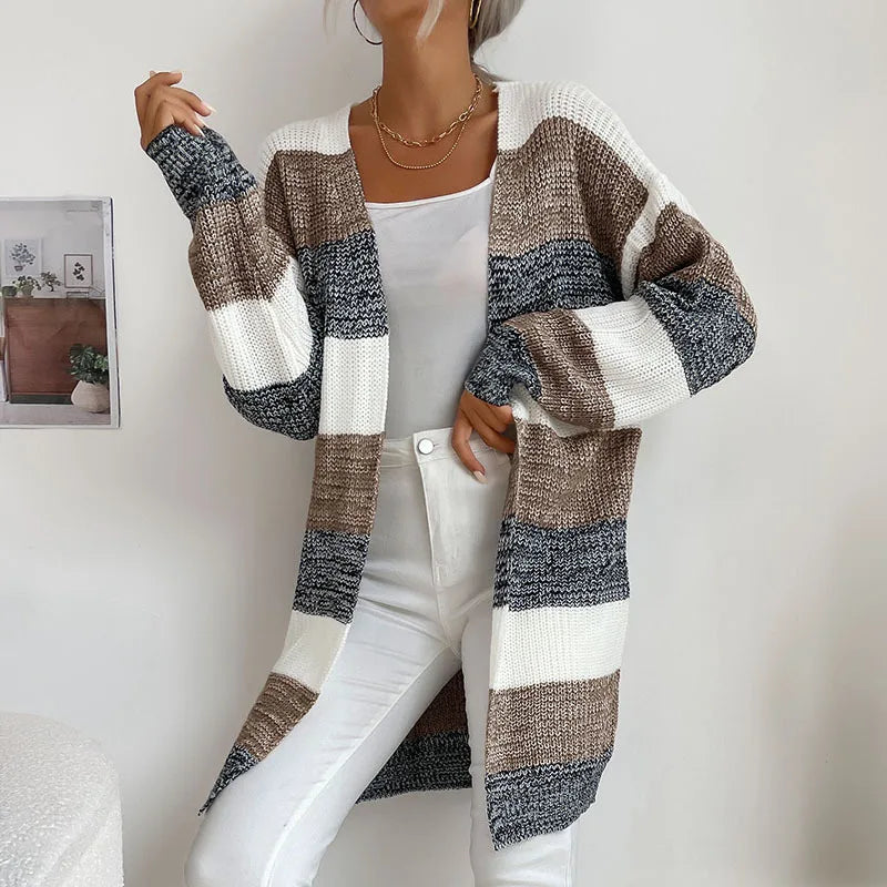 Women Long Sleeve Patchwork Soild Colour Long Knit Coat Sweater Cardigan Loose Autumn Outdoor Warm Cardigans Casual