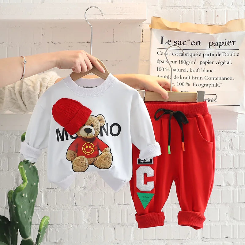Baby cartoon Bear Plush Children's Clothing Set Boys Girls Sweatshirts Pants Suit Children's Print Simple Suit