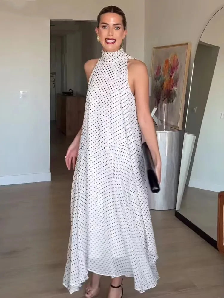 Polka Dot Print Dresses For Women 2025 New Summer Elegant Chic Sleeveless Stand Collar Long Dress Back Bow Lace Up Midi Dresses
