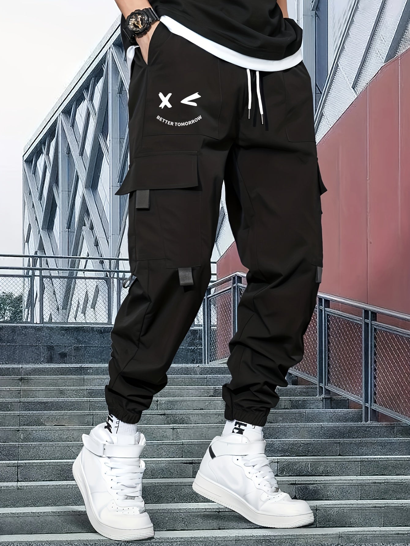 Mens Fashion-Forward Solid Cargo Pants - Abundant Flap Pockets, Loose Fit Drawstring Trousers - Durable Outdoor Work to Streetwear Hip Hop Style