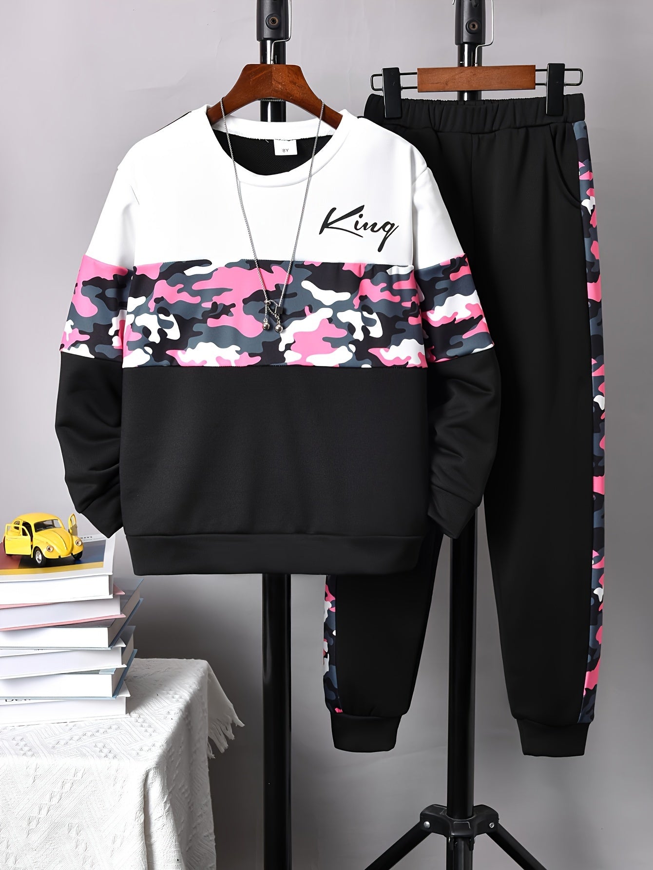 Boy's KING Print Outfit 2pcs, Sweatshirt & Sweatpants Set, Camouflage Pattern Kid's Clothes For Spring Fall Daily & Outdoor Wear