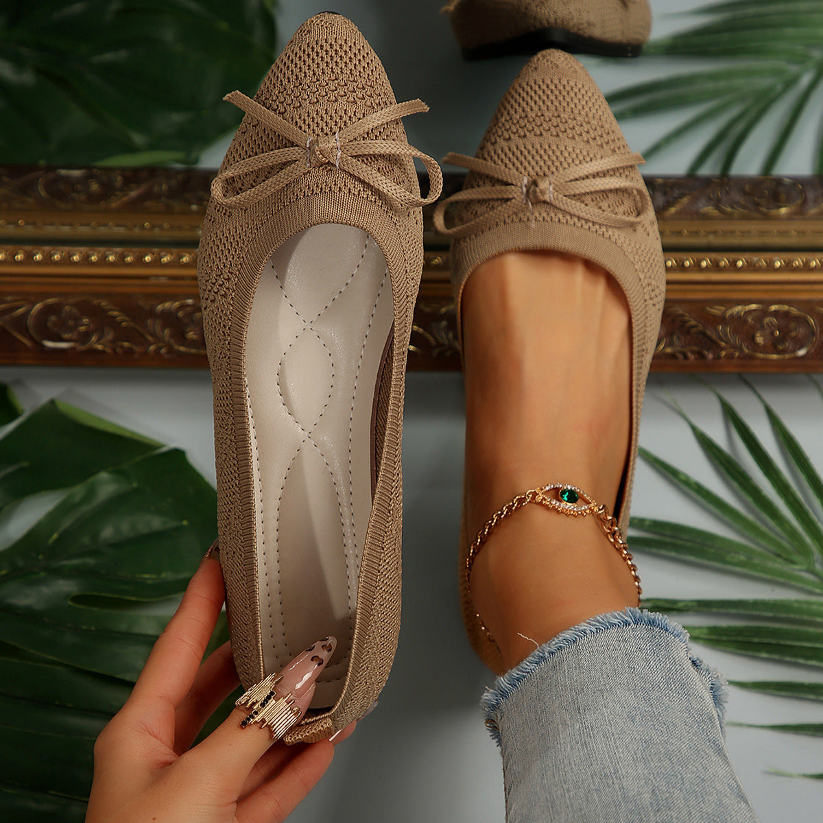 Bow Knitted Loafers Ins Fashion Pointed-toed Flats Shoes For Women 
