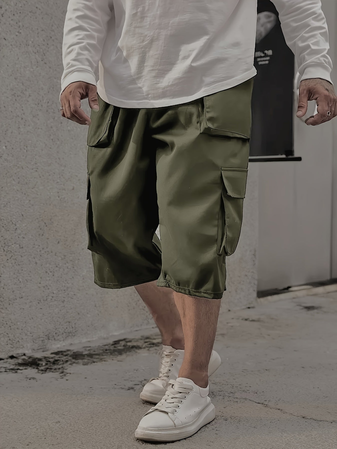Plus Size Mens Large Casual Cargo Pants - Drawstring Waist, Loose Fit, Comfy Breathable Polyester Fabric, Multiple Pockets, Machine Washable, Solid Color, Perfect for Basketball and Everyday Wear