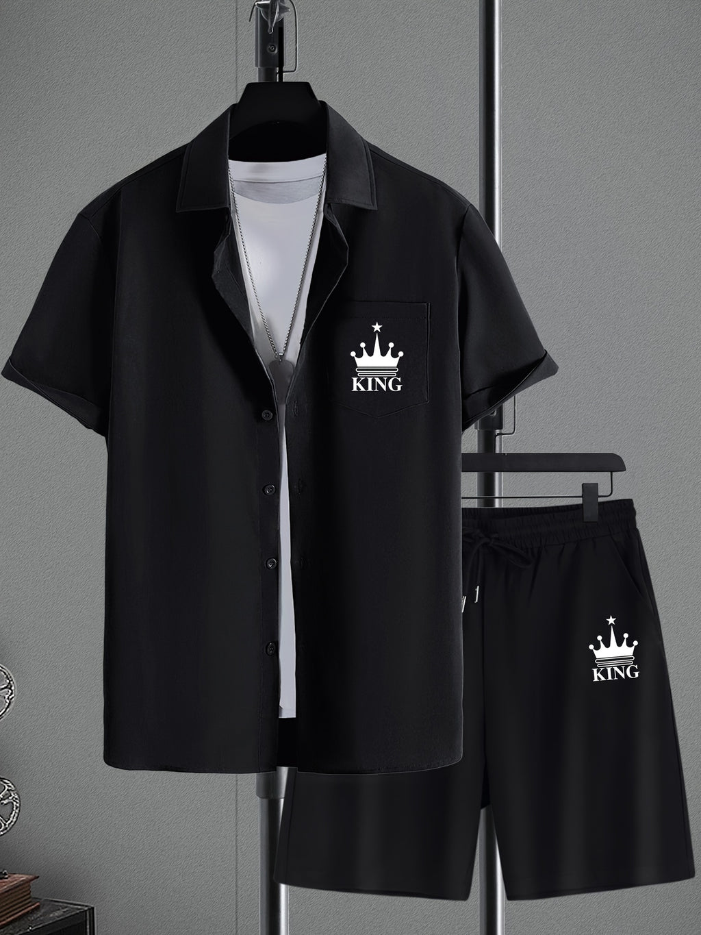 ''KING'' Crown Print Men's 2Pcs, Button Up Shirt And Drawstring Shorts Set For Summer