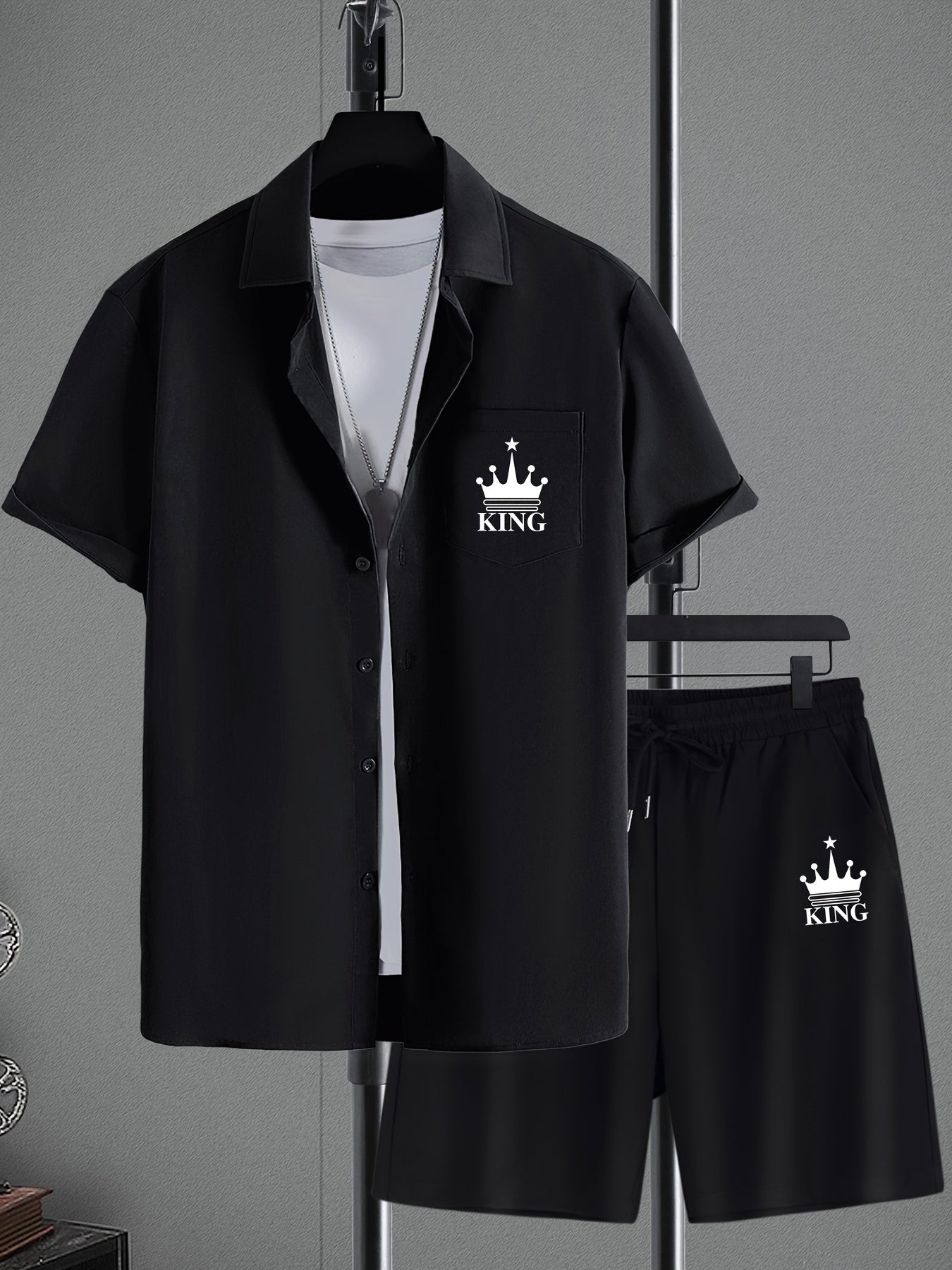 ''KING'' Crown Print Men's 2Pcs, Button Up Shirt And Drawstring Shorts Set For Summer