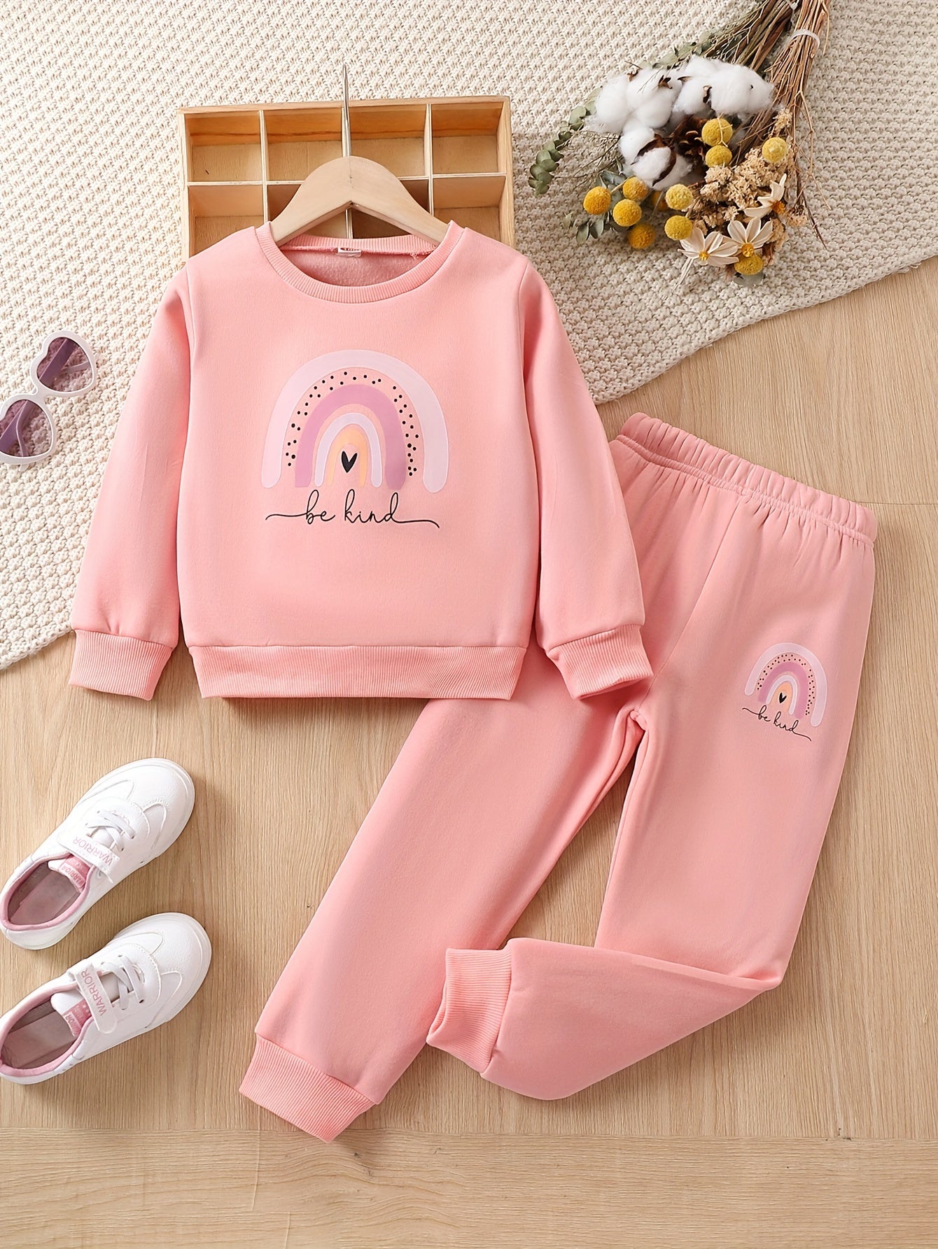 Girls 2pcs "Be Kind" And Rainbow Print Top & Jogger Pants Set, Thick Outfits Kids Clothes For Sports Spring Fall Winter