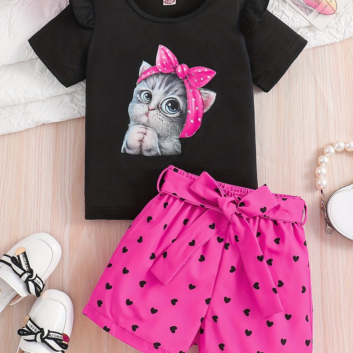 2pcs Toddler Girls Cute Cartoon Bow Cat Graphic Ruffle Trim T-Shirts Casual Round Neck Tees Top & Heart Graphic Belted Shorts Set Kids Summer Clothes