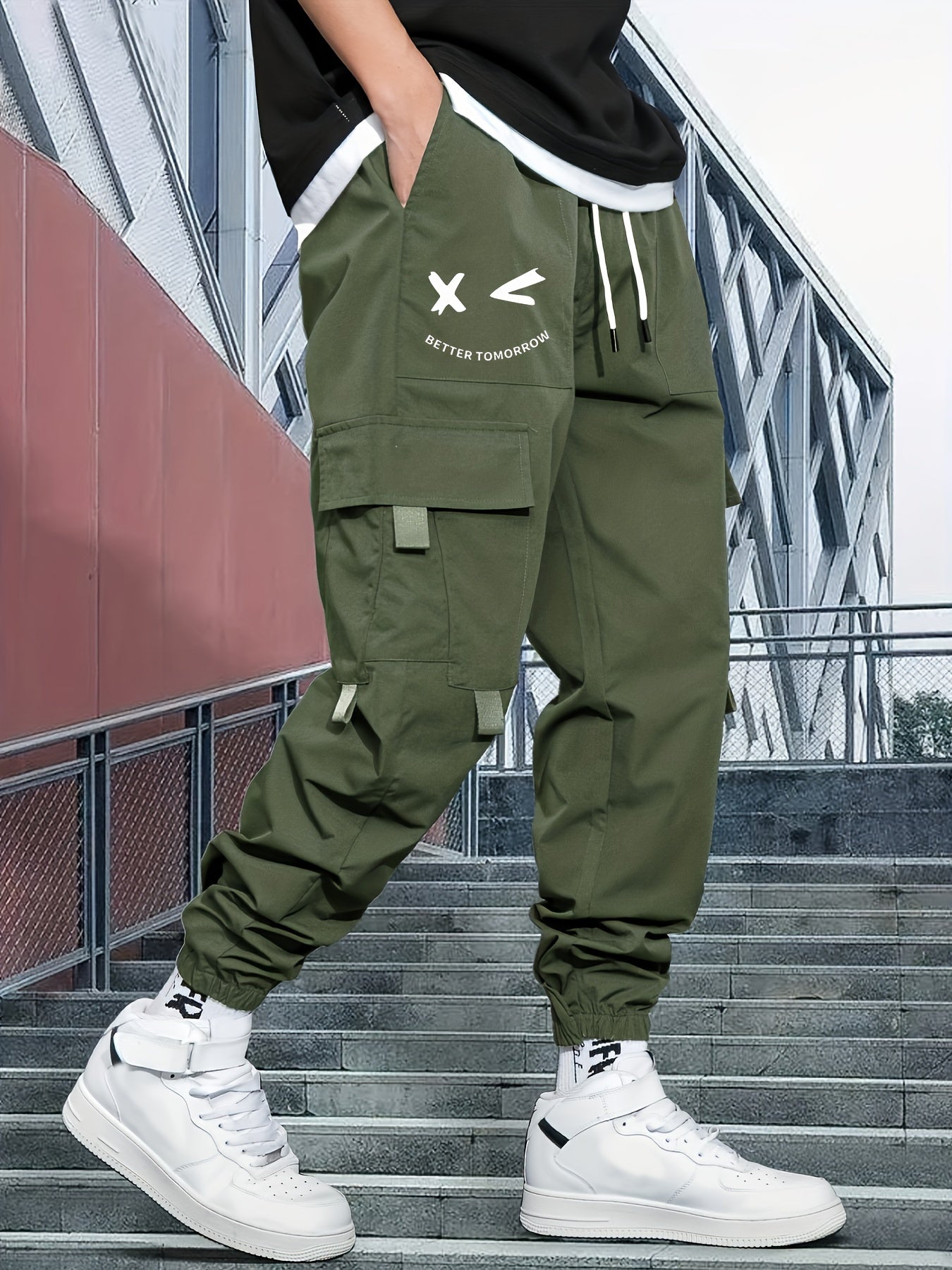 Mens Fashion-Forward Solid Cargo Pants - Abundant Flap Pockets, Loose Fit Drawstring Trousers - Durable Outdoor Work to Streetwear Hip Hop Style