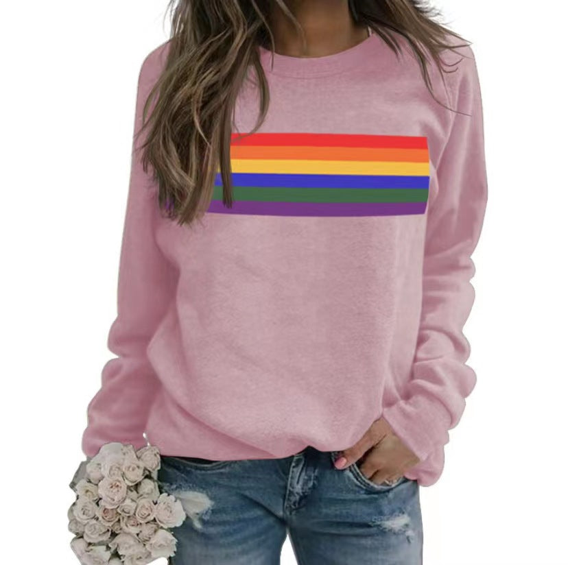 Color Striped Print Round Neck Pullover Long Sleeve Sweater 