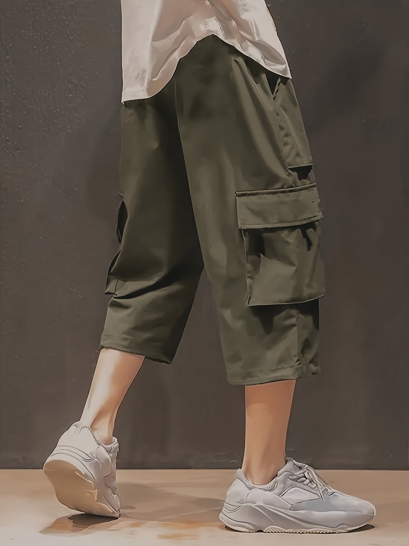 Plus Size Mens Large Casual Cargo Pants - Drawstring Waist, Loose Fit, Comfy Breathable Polyester Fabric, Multiple Pockets, Machine Washable, Solid Color, Perfect for Basketball and Everyday Wear