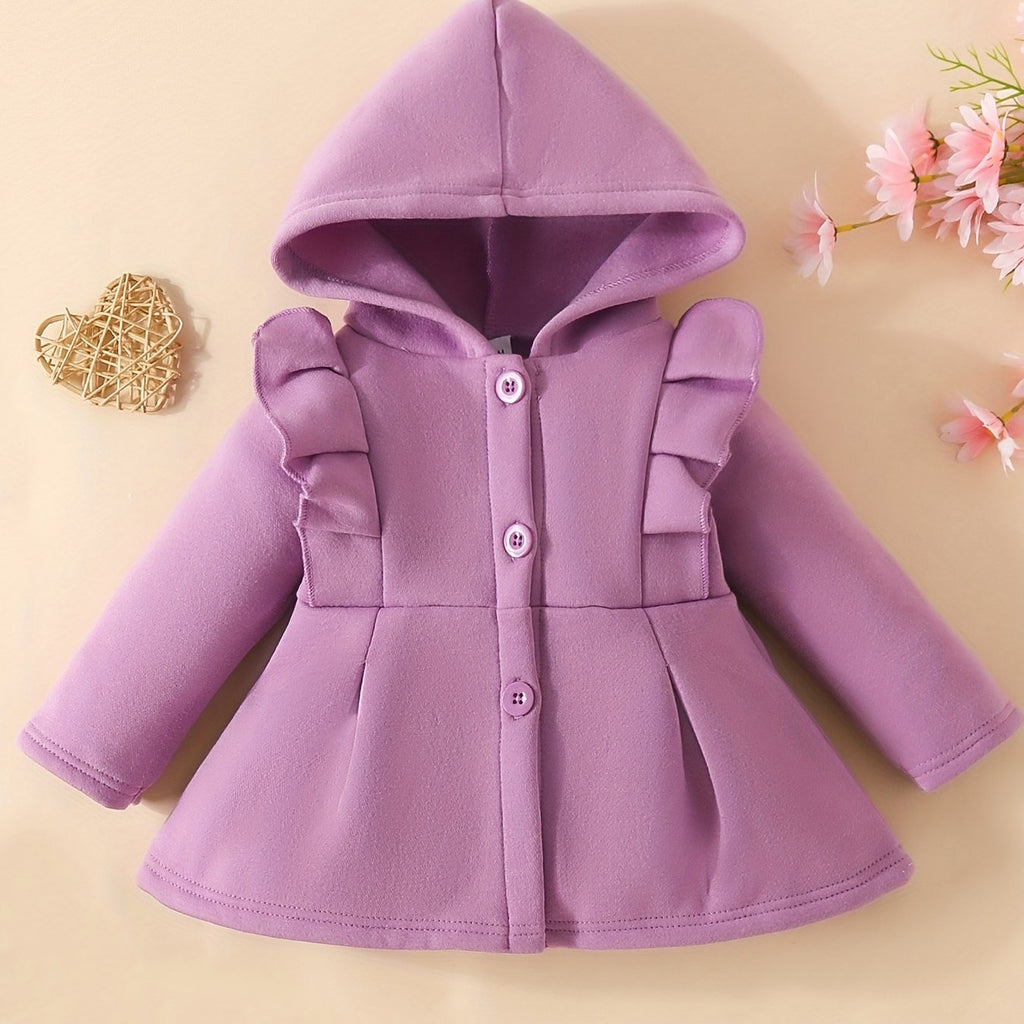 Baby Girl Ruffled Long Sleeve Fleece Hooded Single Breasted Coat, Kids Clothes Autumn And Winter (Recommended To Buy One Size Larger)