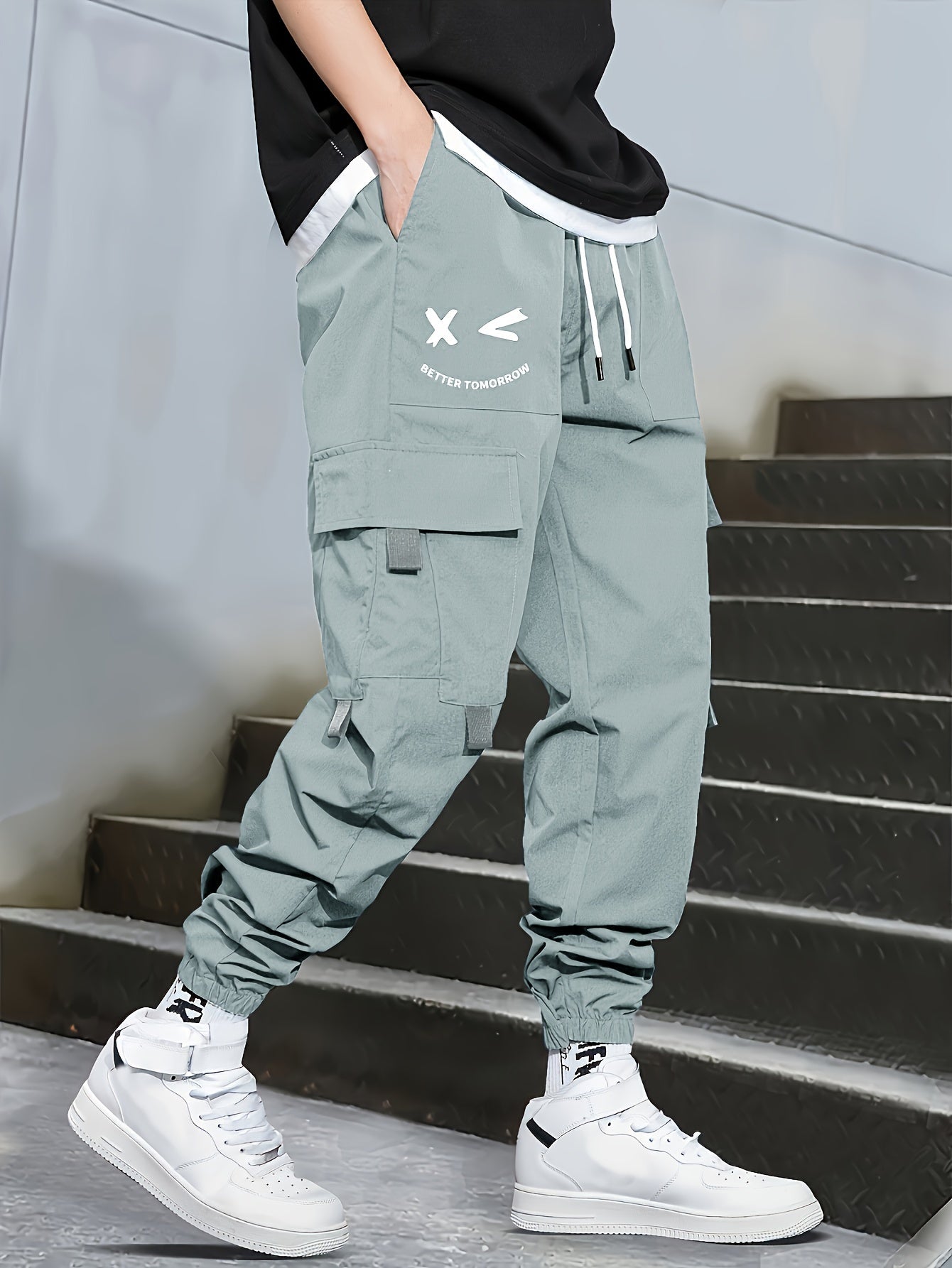 Mens Fashion-Forward Solid Cargo Pants - Abundant Flap Pockets, Loose Fit Drawstring Trousers - Durable Outdoor Work to Streetwear Hip Hop Style