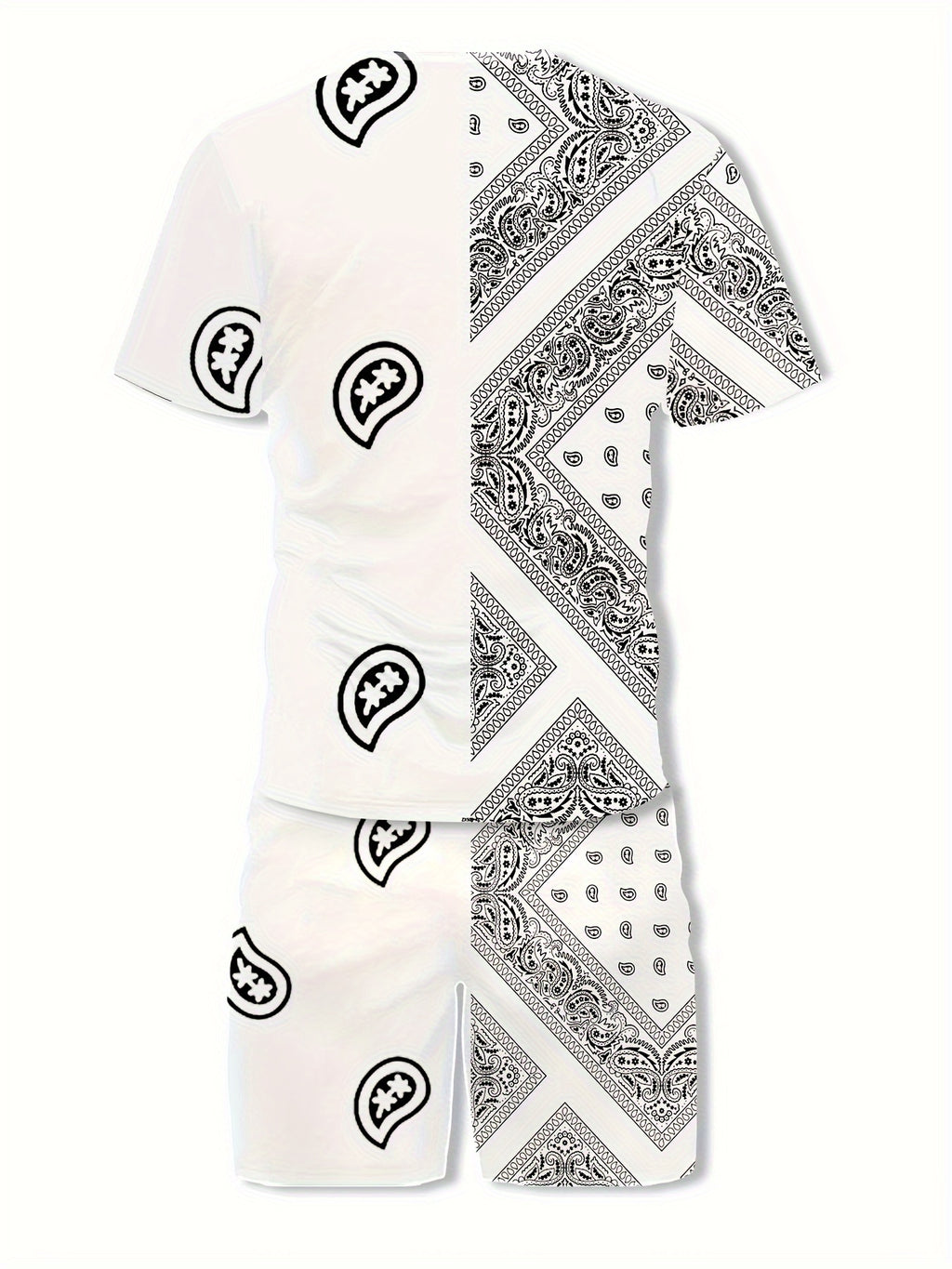 2-Piece Mens Summer Vacation Outfit Set - Retro Paisley Patterned Crew Neck T-Shirt & Shorts with Pockets, Polyester Fabric, Slight Stretch, Machine Washable, Perfect for Beach Party, Sports, Weekend Casual, Anniversary, Fath