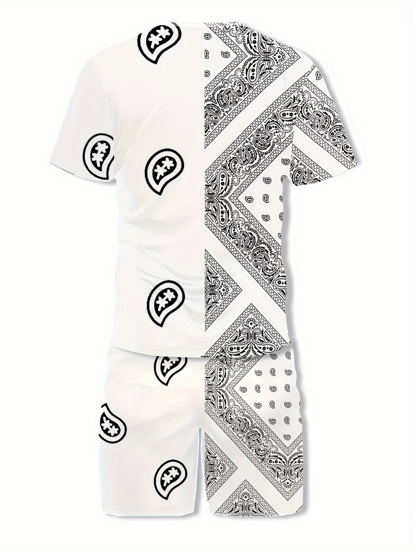 2-Piece Mens Summer Vacation Outfit Set - Retro Paisley Patterned Crew Neck T-Shirt & Shorts with Pockets, Polyester Fabric, Slight Stretch, Machine Washable, Perfect for Beach Party, Sports, Weekend Casual, Anniversary, Fath