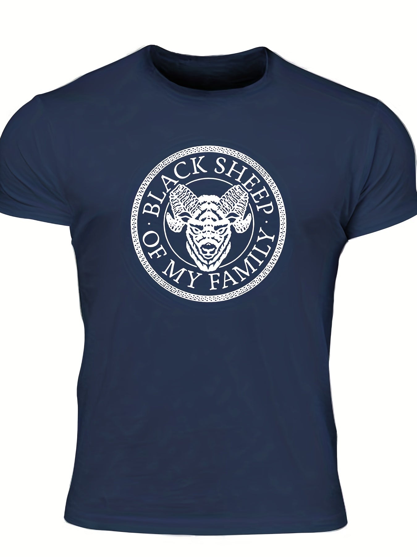 "Black Sheep Of My Family", Men's Sheep Graphic T-shirt, Casual Comfy Slightly Stretch Crew Neck Tee, Men's Clothing For Summer Outdoor