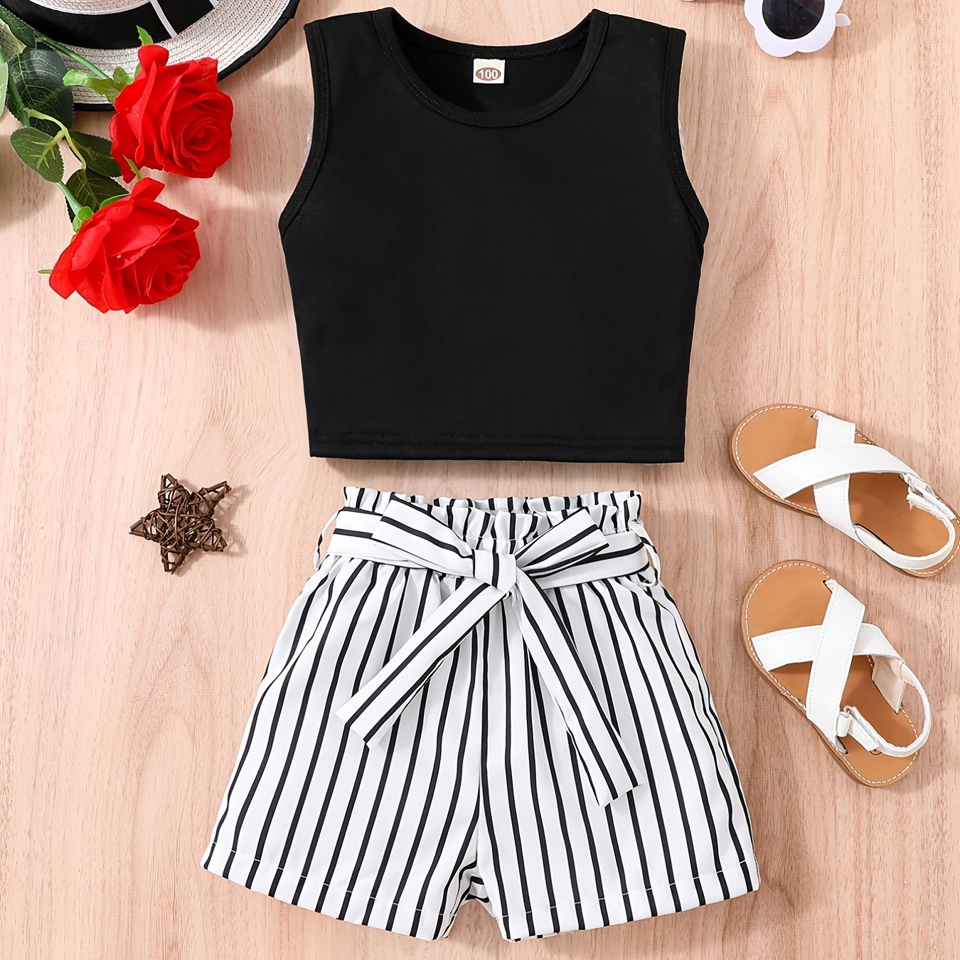 2pcs Girls Crew Neck Sleeveless Crop Tank Top & Elastic Waist Belted Vertical Stripes Shorts Set Kids Summer Clothes