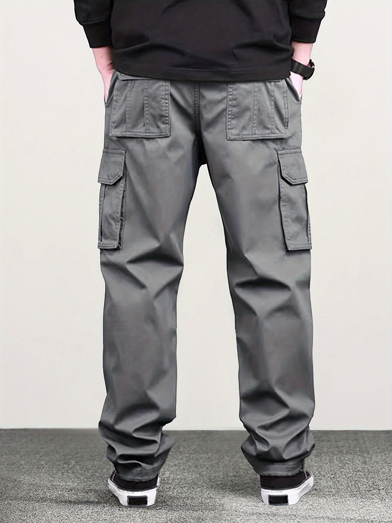 Mens Classic Solid Color Cargo Pants - Multiple Flap Pockets, Straight-Leg, Drawstring Elastic Waist, Loose Fit for Ultimate Comfort - Perfect for Hiking, Fishing, Streetwear, Outdoor Camping, Weekend Casual Style, All-Season