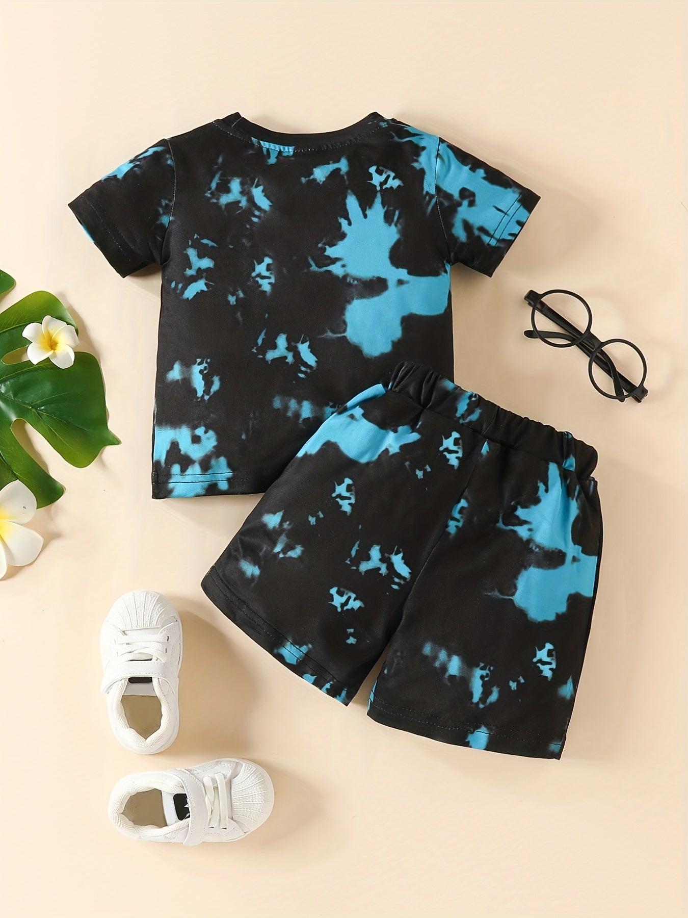 2pcs Boys And Girls Chic Tie Dye Round Neck T-shirt & Shorts Outdoor Set, Babies Toddlers Stretchy Comfy Trendy outdoor clothes