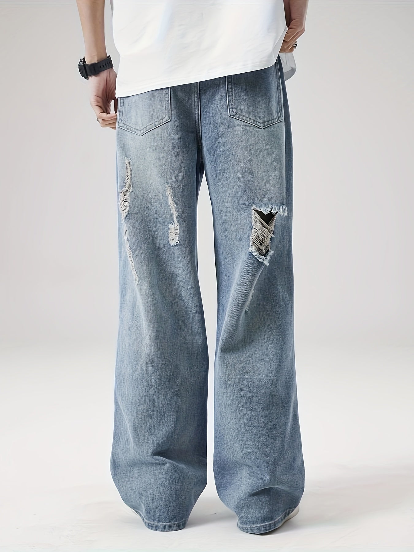 Mens Loose Fit Distressed Wide Leg Denim Jeans - Vintage Ripped Street Style Pants with Zipper, Non-Stretch Fabric, and Hand Wash Only - Perfect for Hip-Hop Fashion and All-Season Wear