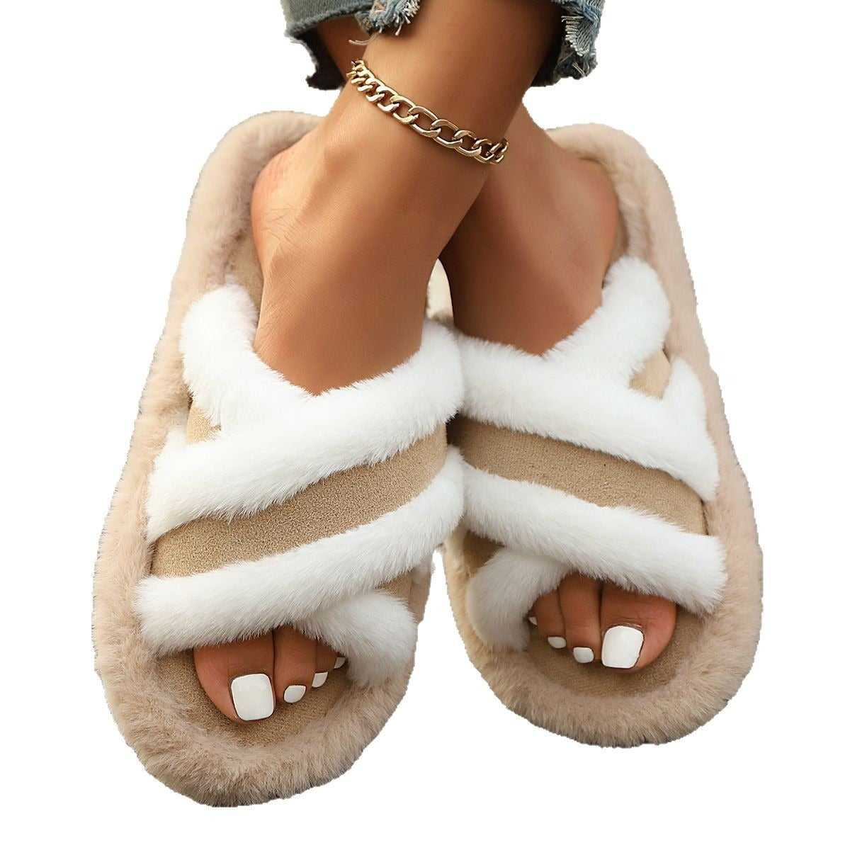 Fluffy Slippers Cross Strap Stitching Warm Casual Platform Slippers 