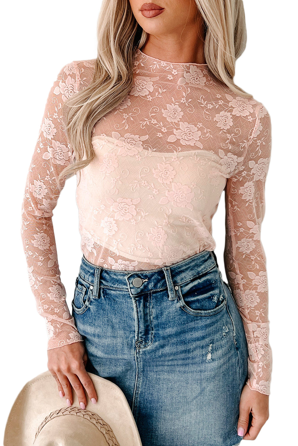 Apricot Pink Mock Neck Floral Lace Mesh Long Sleeve Top 