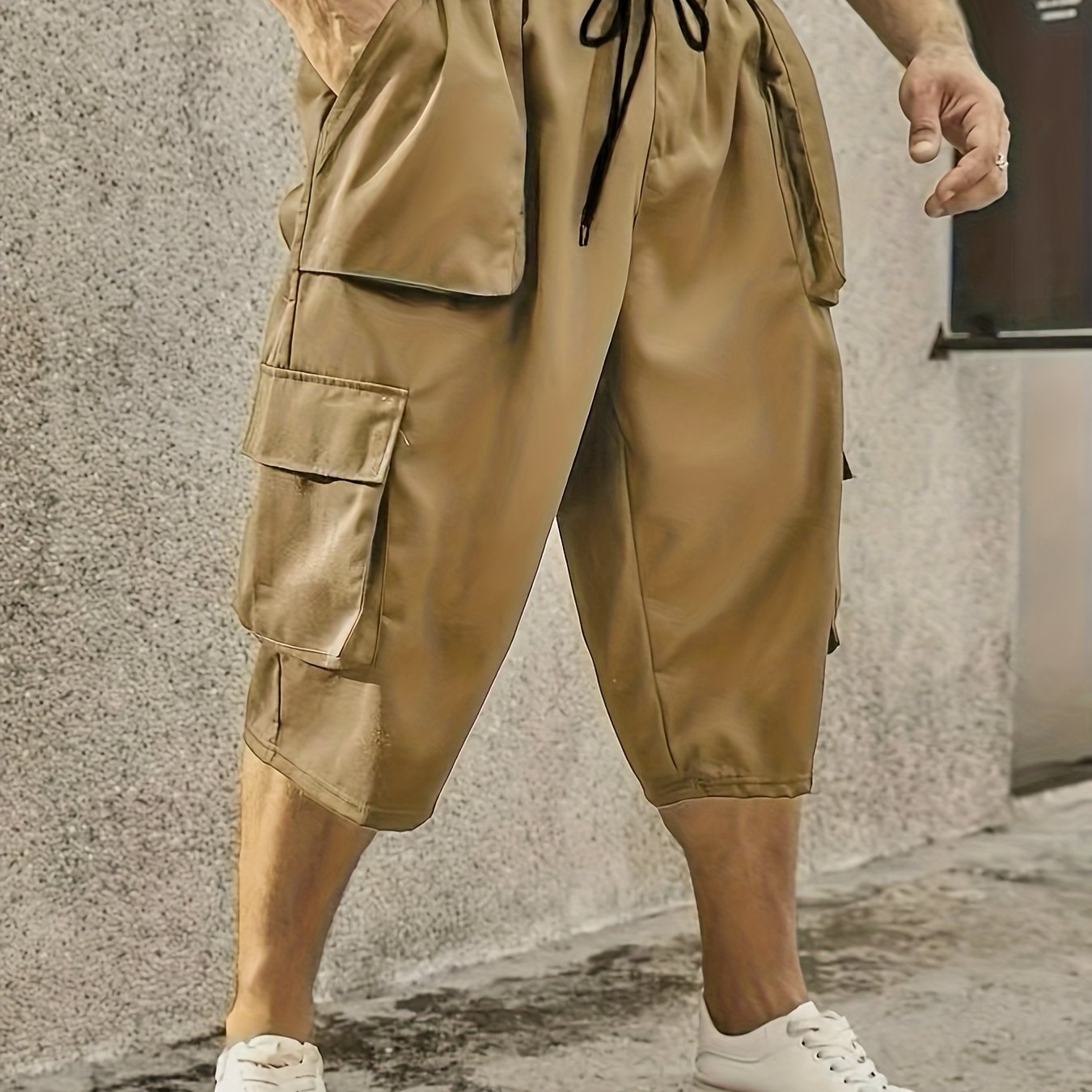 Plus Size Mens Large Casual Cargo Pants - Drawstring Waist, Loose Fit, Comfy Breathable Polyester Fabric, Multiple Pockets, Machine Washable, Solid Color, Perfect for Basketball and Everyday Wear