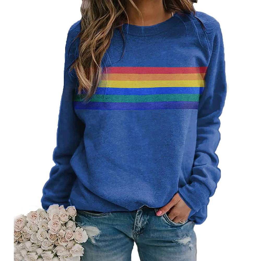 Color Striped Print Round Neck Pullover Long Sleeve Sweater 