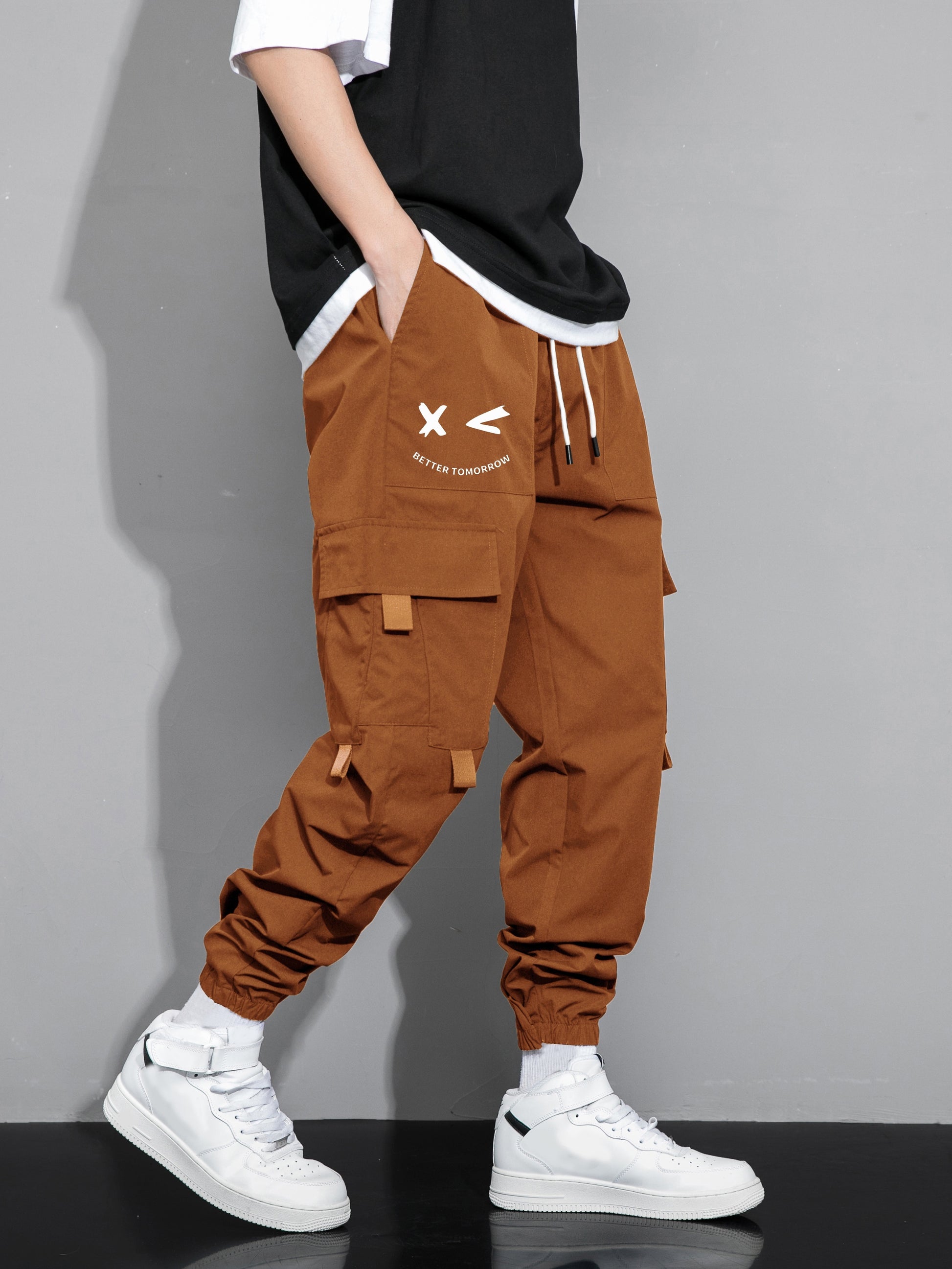 Mens Fashion-Forward Solid Cargo Pants - Abundant Flap Pockets, Loose Fit Drawstring Trousers - Durable Outdoor Work to Streetwear Hip Hop Style