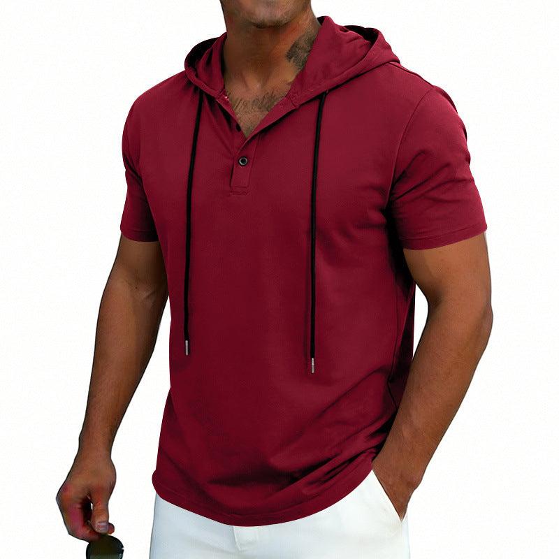 Men's Henley-Neck Drawstring Short-Sleeve Hoodie T-Shirt 