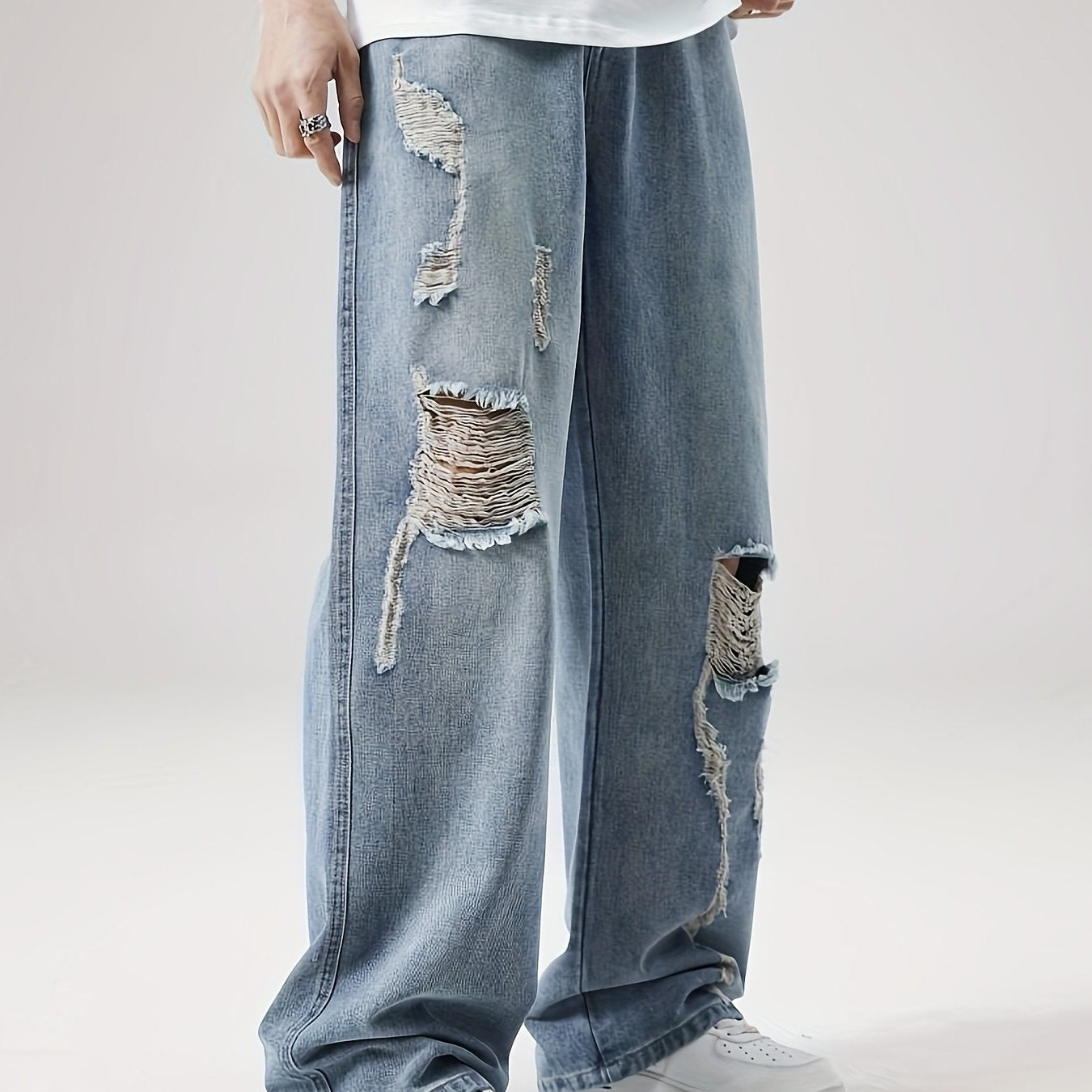 Mens Loose Fit Distressed Wide Leg Denim Jeans - Vintage Ripped Street Style Pants with Zipper, Non-Stretch Fabric, and Hand Wash Only - Perfect for Hip-Hop Fashion and All-Season Wear