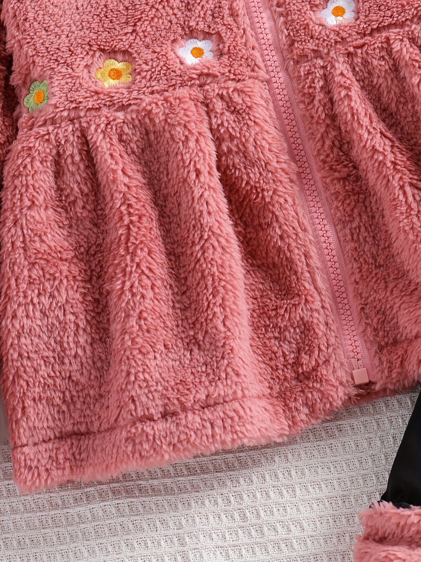 2pc Toddler Girls Double-Sided Fleece Set with Flower Embroidery Hooded Coat and Splicing Pants - Warm and Cozy Kids Clothes for Fall and Winter
