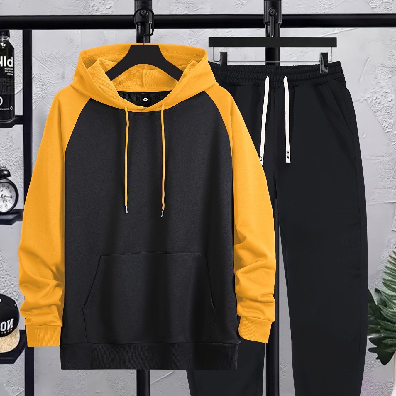 Autumn and Winter Shoulder Insert Men's Hoodie Casual Suit with Patchwork Color Craft, Regular Long Sleeve Hoodie and Drawstring Sports Trousers Two-piece Set