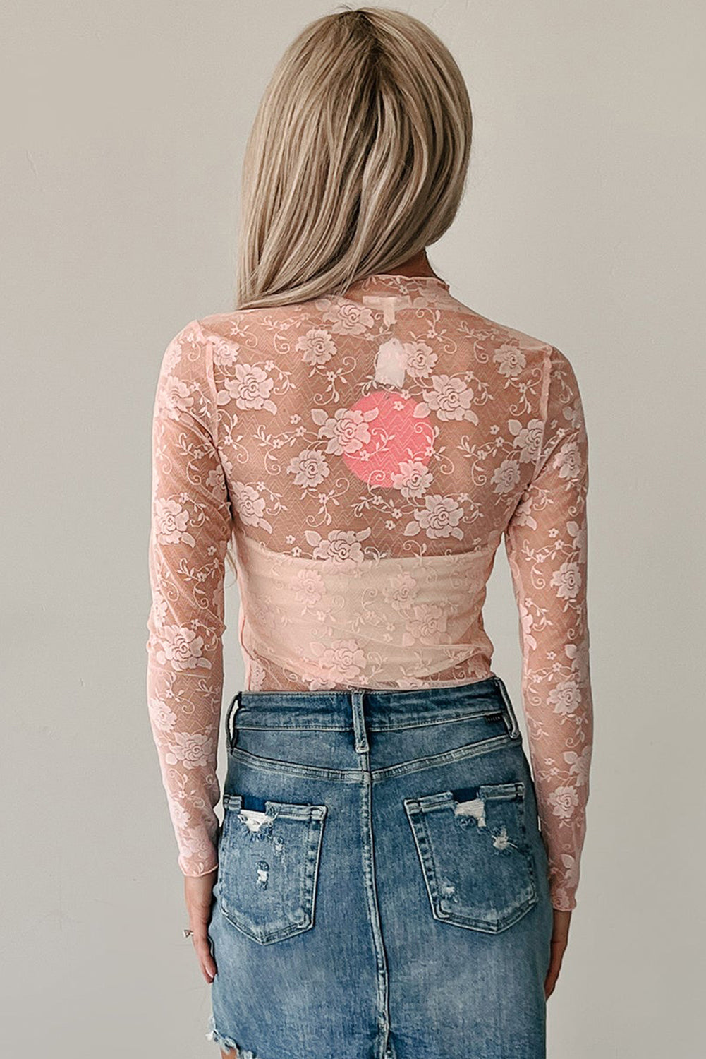 Apricot Pink Mock Neck Floral Lace Mesh Long Sleeve Top 