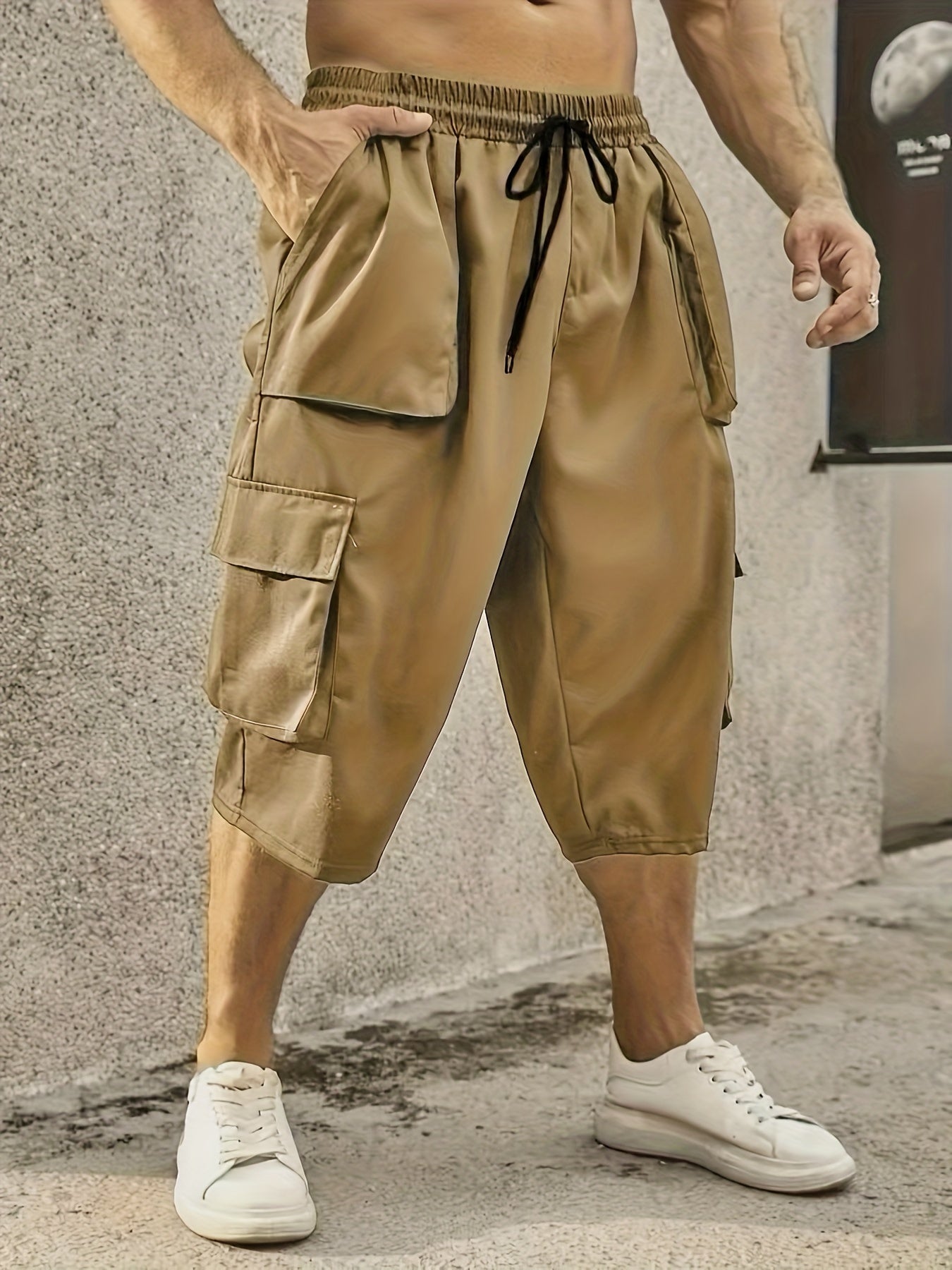 Plus Size Mens Large Casual Cargo Pants - Drawstring Waist, Loose Fit, Comfy Breathable Polyester Fabric, Multiple Pockets, Machine Washable, Solid Color, Perfect for Basketball and Everyday Wear