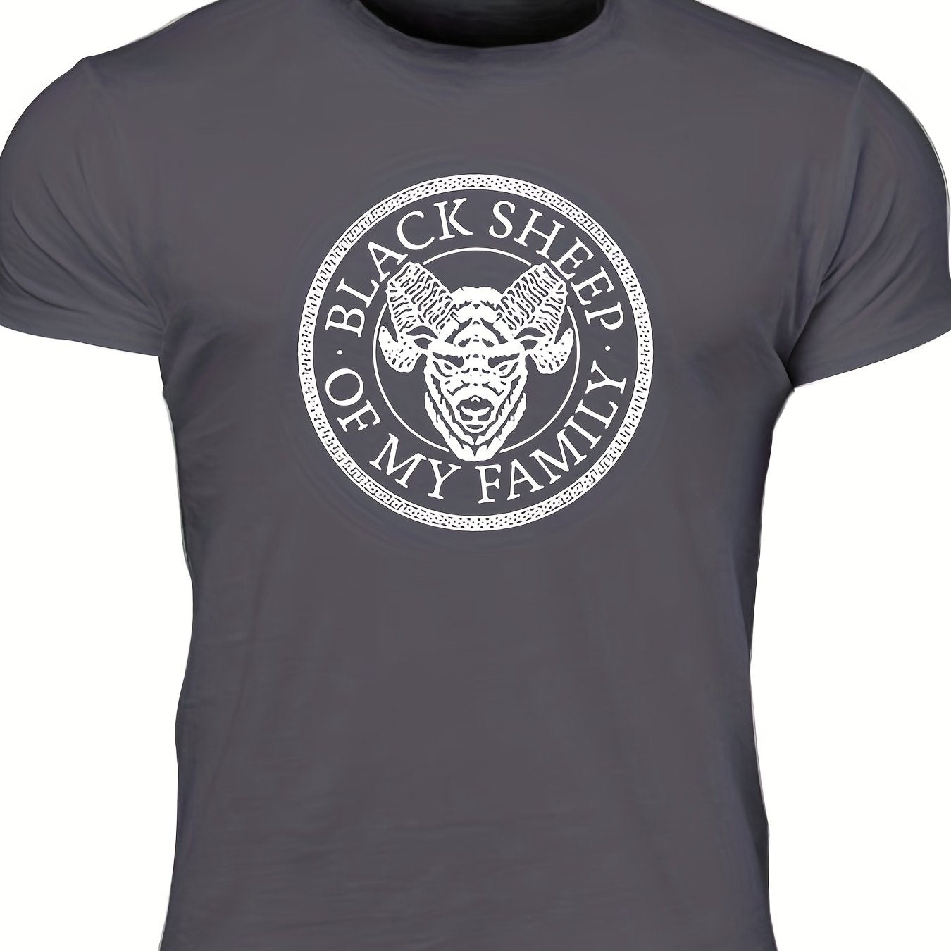 "Black Sheep Of My Family", Men's Sheep Graphic T-shirt, Casual Comfy Slightly Stretch Crew Neck Tee, Men's Clothing For Summer Outdoor