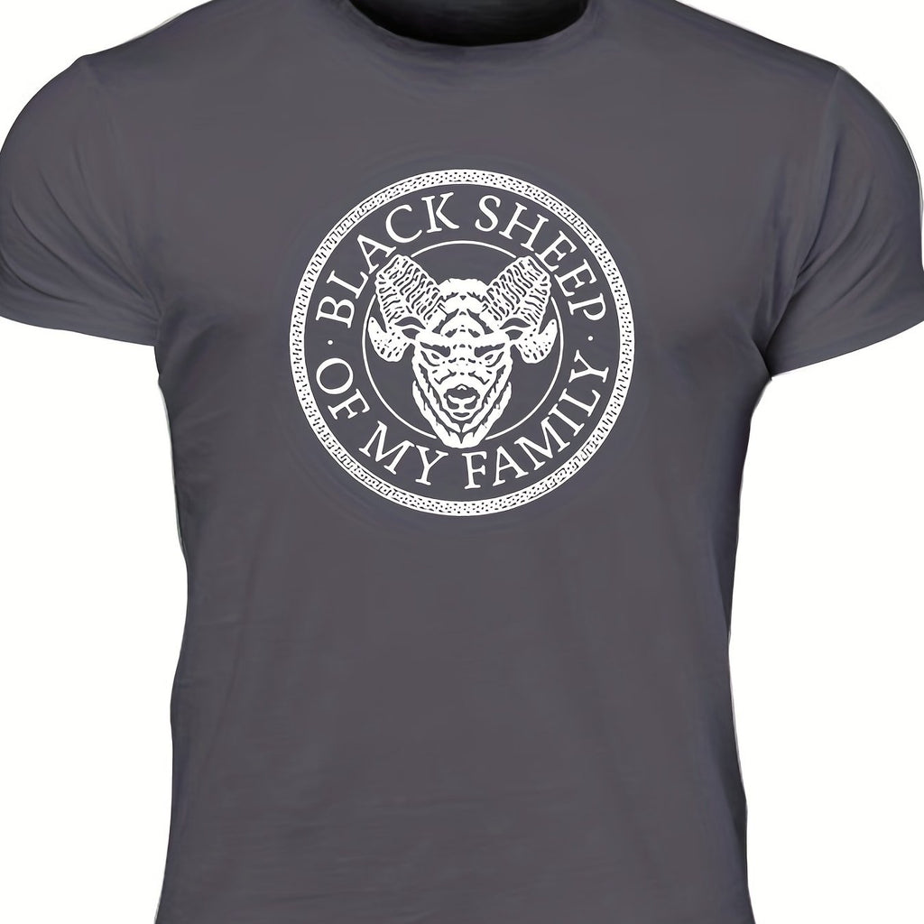 "Black Sheep Of My Family", Men's Sheep Graphic T-shirt, Casual Comfy Slightly Stretch Crew Neck Tee, Men's Clothing For Summer Outdoor