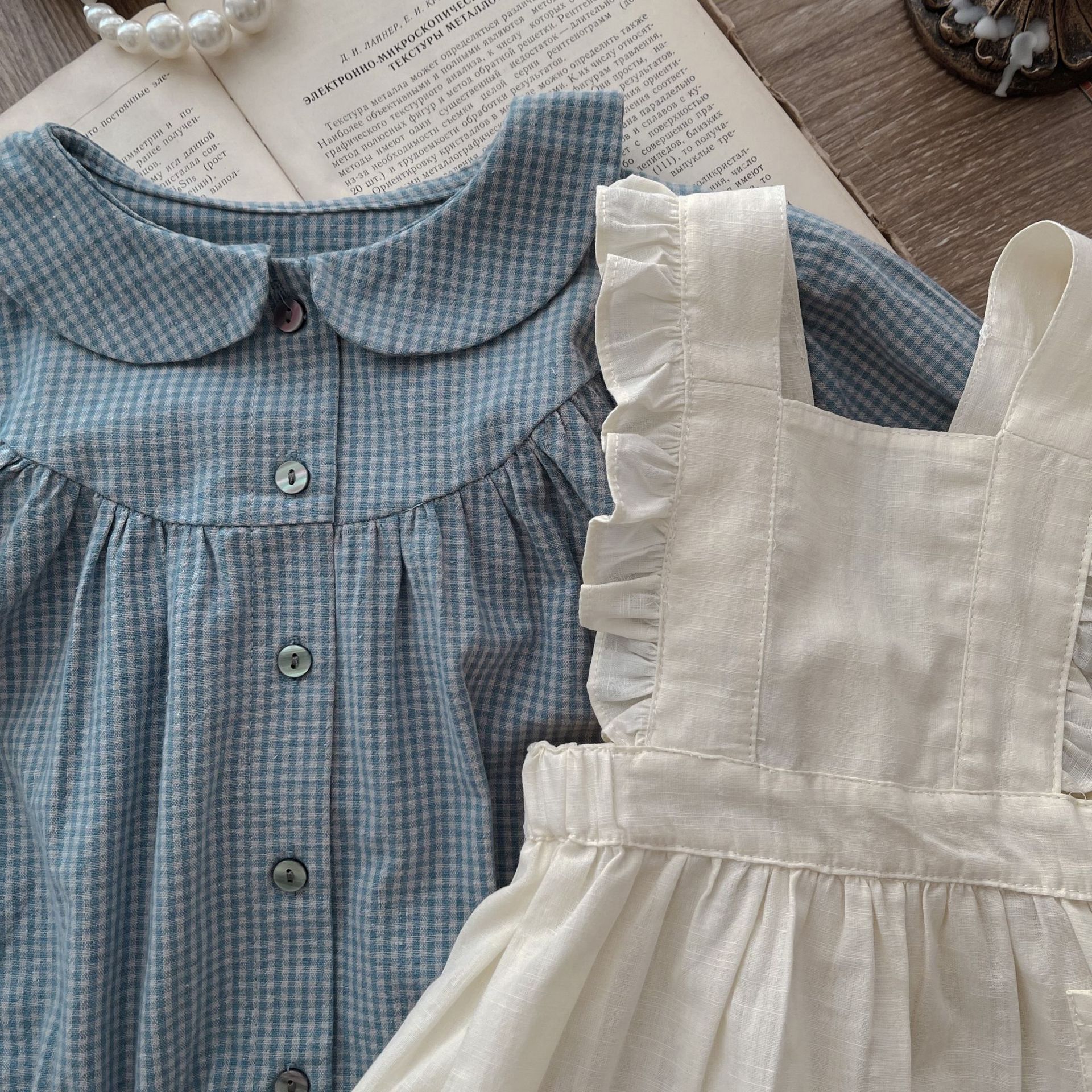 Infant Single-breasted Long Sleeve Small Plaid Romper Sling Small Overskirt 