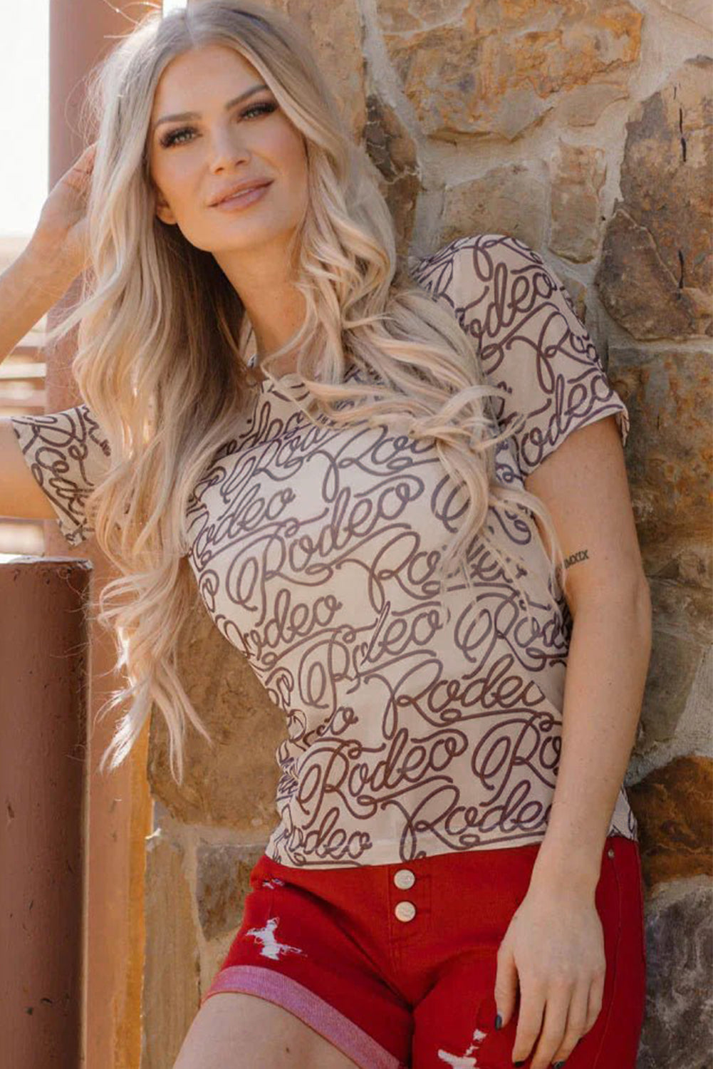 Brown Rodeo Print Round Neck Slim Fit Mesh T Shirt 