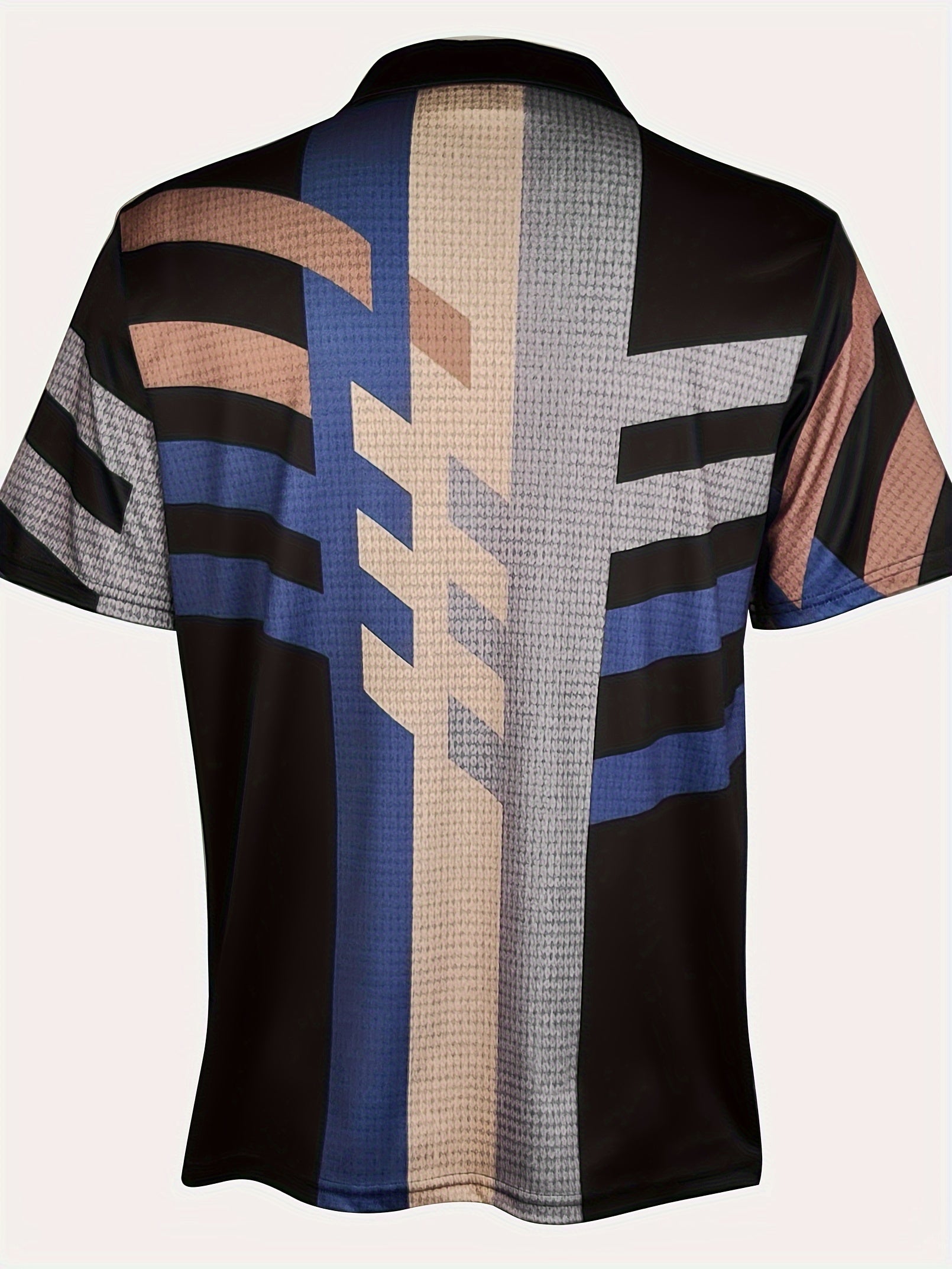 1/4 Button Short Sleeve Lapel Shirt - Stretchy, Breathable, Striped Polyester Fabric for Mens Fitness Training and Casual Wear - Spring/Fall Season, Regular Fit, Knit Fabric