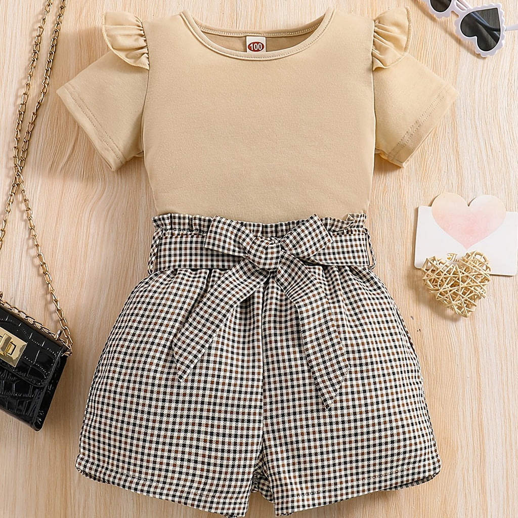 2pcs Girls Round Neck T-Shirt Ruffles Short Sleeves Tee Tops & Belted Plaid Shorts Set Summer Clothes