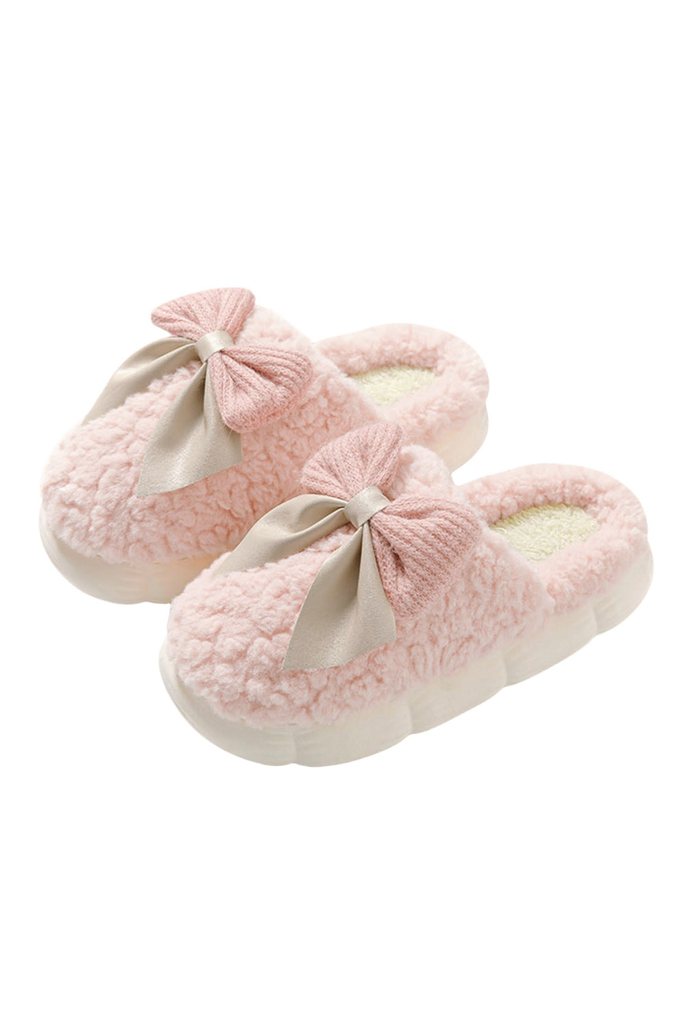 Pink Contrast Bowknot Applique Plush Winter Slippers (Colors May Differ by Batch) 